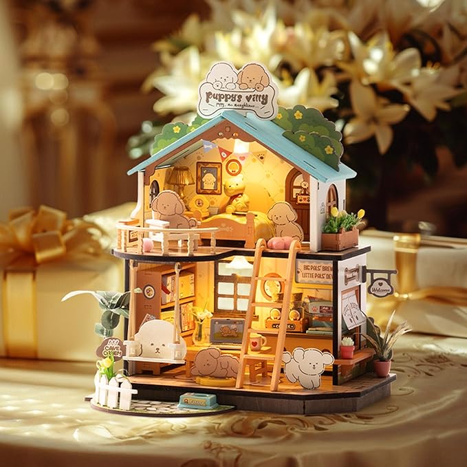 Mini Wooden Dollhouse Diorama Model, Tiny House Building Kits